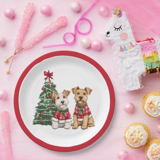 Kerst Welsh Wire Fox Terrier Honden Papieren Bordje (Feest)