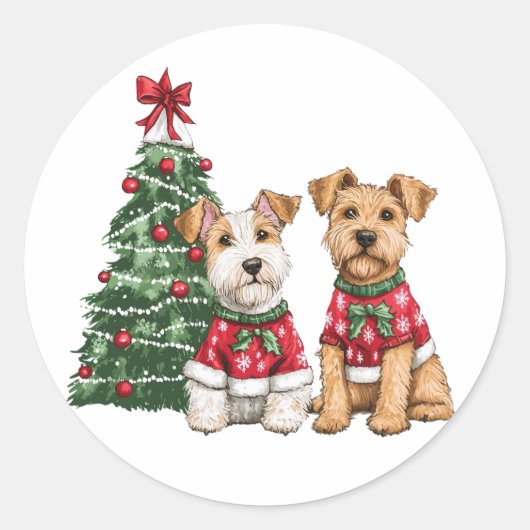 Kerst Welsh Wire Fox Terrier Honden Ronde Sticker (Voorkant)