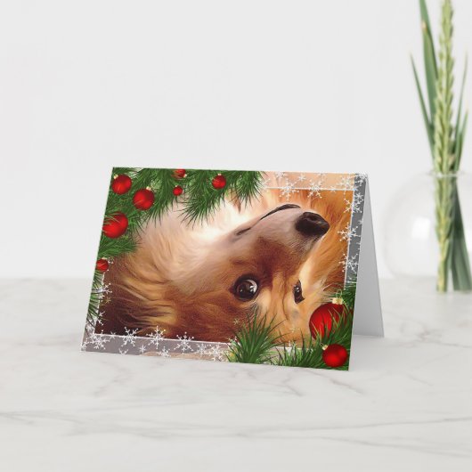Kerst Welshe Corgi Pluis met Rode Lampjes Feestdagen Kaart (Voorkant)