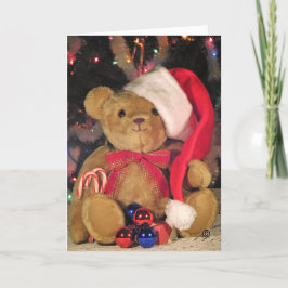 Kerst Wenskaart-teddybeer in rood pet. Feestdagen Kaart