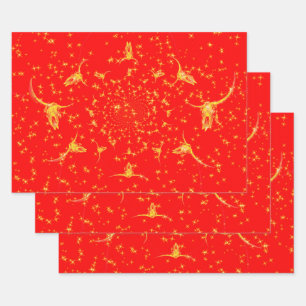 Kerst Westerne Glitter Red Gold Girly Koe Skull Inpakpapier Vel