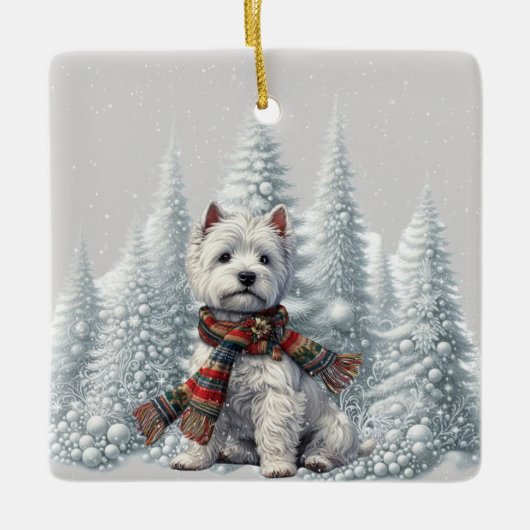 Kerst Westie met besneeuwde bomen ornament (Voorkant)