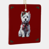 Kerst Westie met heilig ornament. Keramisch Ornament (Rechts)