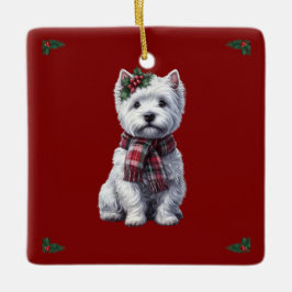 Kerst Westie met heilig ornament. Keramisch Ornament