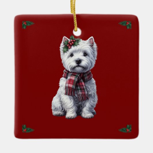 Kerst Westie met heilig ornament. Keramisch Ornament (Voorkant)