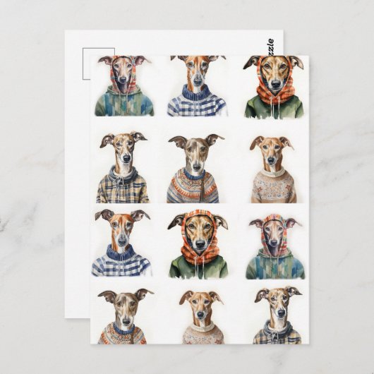 Kerst Whippet Waterverf Briefkaart (Voorkant / Achterkant)