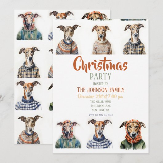 Kerst Whippet Waterverf Kaart (Voorkant / Achterkant)