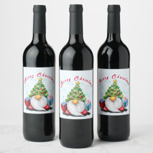 Kerst Wijn Label Party Gnome met Gift Etiket