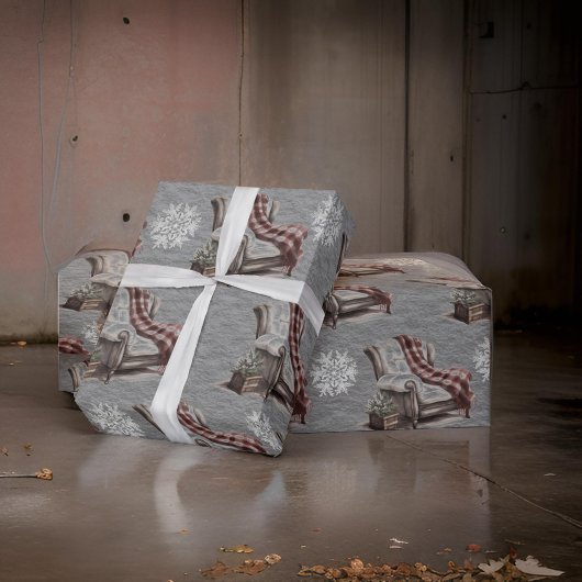 Kerst Wingback Plaid Sneeuwvlokken Staal Grijs Cadeaupapier