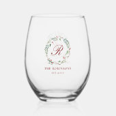Kerst Winter Berry Krans Familienaam Monogram Wijnglas Zonder Voet (Voorkant)