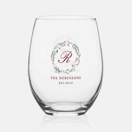 Kerst Winter Berry Krans Familienaam Monogram Wijnglas Zonder Voet (Voorkant)
