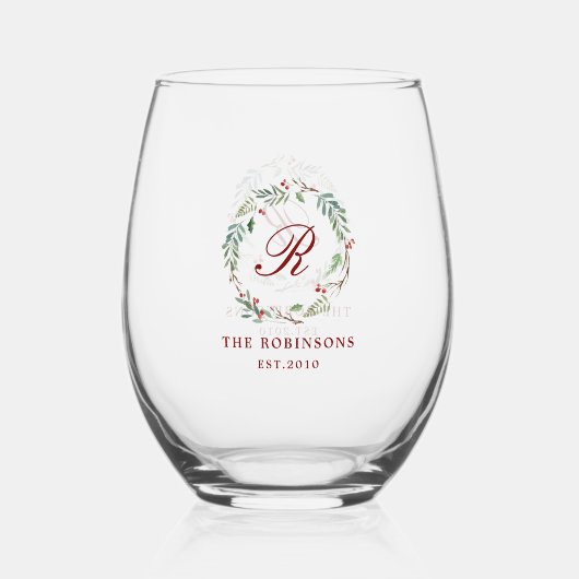 Kerst Winter Berry Krans Familienaam Monogram Wijnglas Zonder Voet (Achterkant)