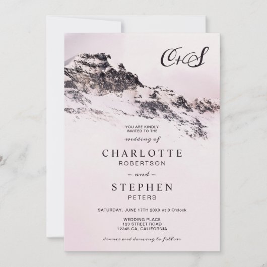 Kerst winter besneeuwde berg roze bruiloft foto kaart (Voorkant)