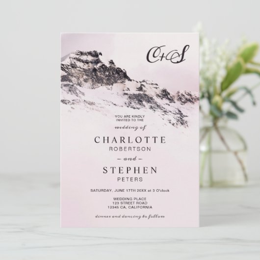 Kerst winter besneeuwde berg roze bruiloft foto kaart (Staand voorkant)