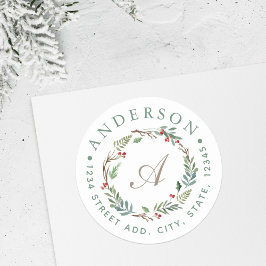 Kerst Winter Bessen Krans Monogram Adres Ronde Sticker