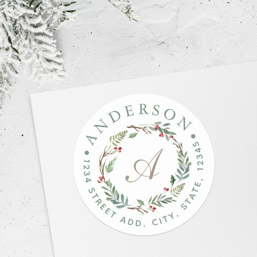 Kerst Winter Bessen Krans Monogram Adres Ronde Sticker