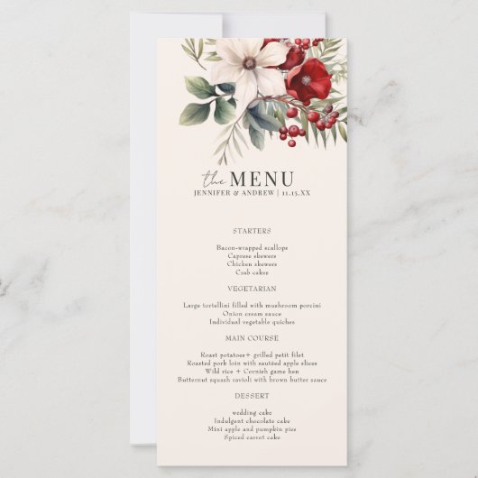Kerst Winter Bloemige Elegante Trouwmenu (Voorkant)
