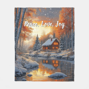 Kerst Winter Blokhut Sneeuw Rivier Zon Fleece Deken
