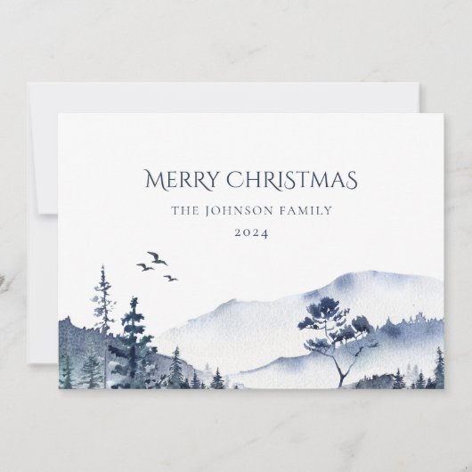 Kerst Winter Bos Landschap Blauw Foto Feestdagenkaart (Voorkant)