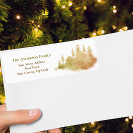 Kerst Winter Brown Hut Forest voor bomen Naam Etiket