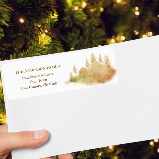 Kerst Winter Brown Hut Forest voor bomen Naam Etiket
