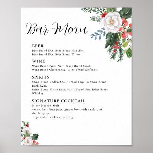 Kerst Winter Bruiloft Borrel Bar Menu Poster (Voorkant)