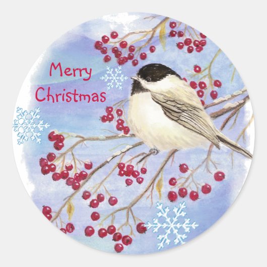 Kerst, Winter Chickadee Bird Ronde Sticker (Voorkant)