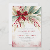 Kerst Winter Greenery Red Bow Rustiek Huwelijk Kaart (Voorkant)