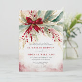 Kerst Winter Greenery Red Bow Rustiek Huwelijk Kaart (Staand voorkant)