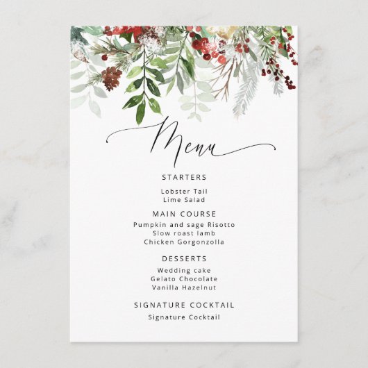Kerst winter groenblijvende bruiloft menu (Voorkant)