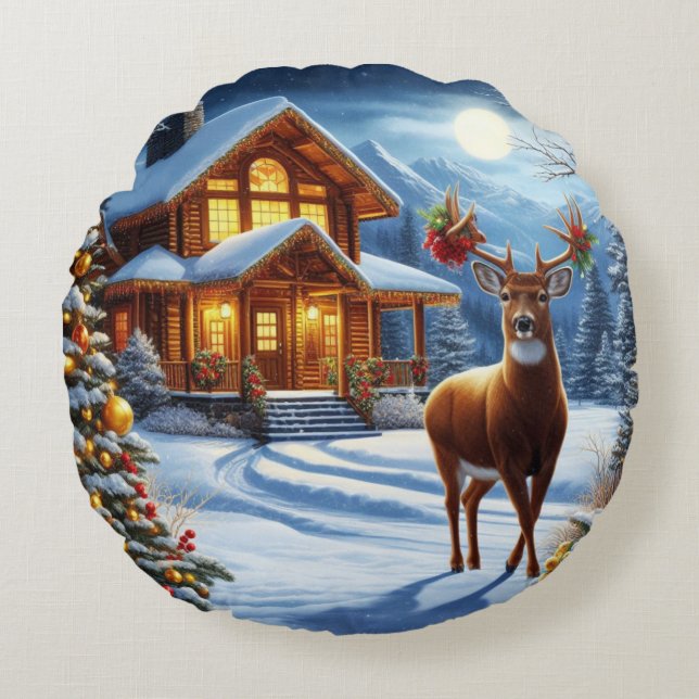 Kerst/Winter Herten Lodge Rond Kussen (Voorkant)