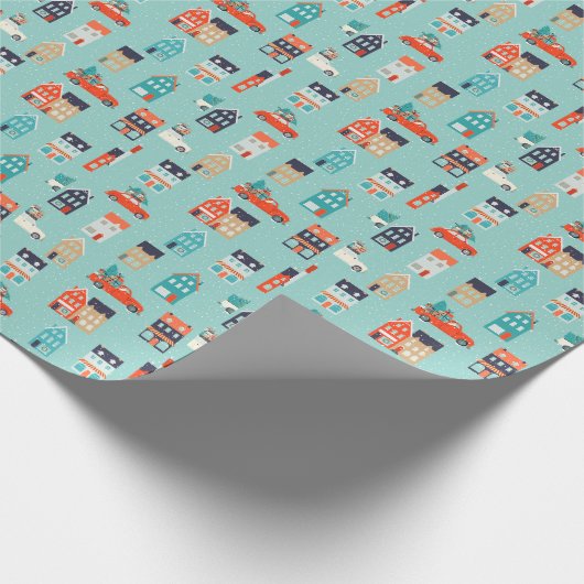 Kerst Winter Huizen Rode Auto Cadeaupapier (Hoek)