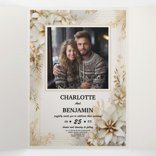 Kerst Winter Ivoor Beige Minimaal Gepersonaliseerd Drieluik Uitnodiging (Binnenkant midden)