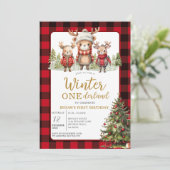 Kerst Winter Onederland Animal Birthday Plaid Kaart (Staand voorkant)