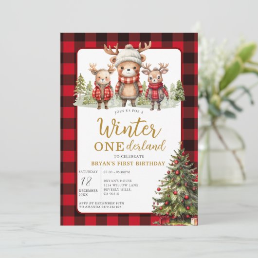 Kerst Winter Onederland Animal Birthday Plaid Kaart (Staand voorkant)