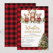 Kerst Winter Onederland Animal Birthday Plaid Kaart (Voorkant / Achterkant)