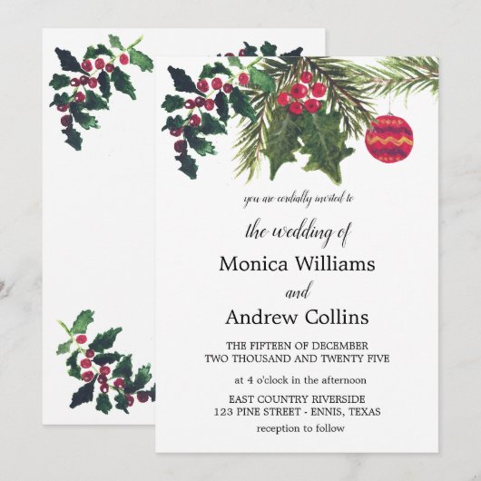 Kerst Winter Pine Tree Waterverf Bruiloft Kaart (Voorkant / Achterkant)