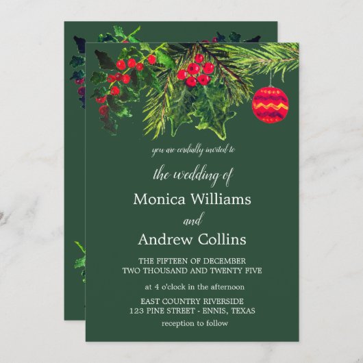 Kerst Winter Pine Tree Waterverf Bruiloft Kaart (Voorkant / Achterkant)