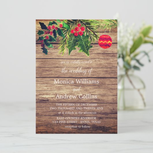 Kerst Winter Pine Tree Waterverf Houten Bruiloft Kaart (Staand voorkant)