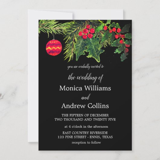 Kerst Winter Pine Zwart Waterverf Bruiloft Kaart (Voorkant)