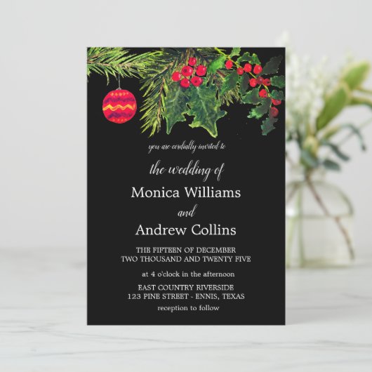 Kerst Winter Pine Zwart Waterverf Bruiloft Kaart (Staand voorkant)