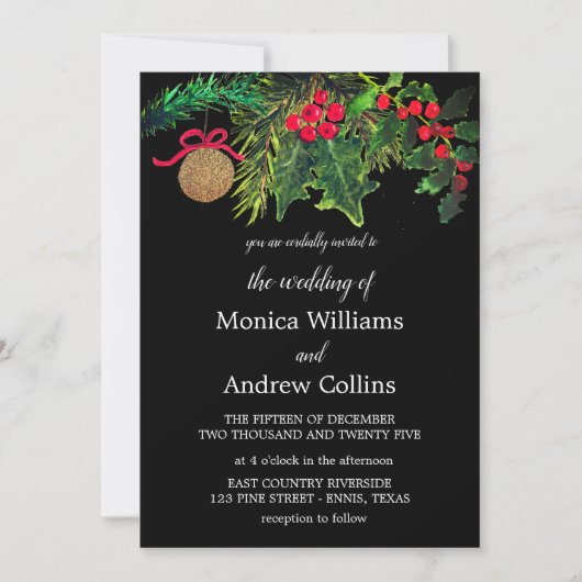 Kerst Winter Pine Zwart Waterverf Bruiloft Kaart (Voorkant)