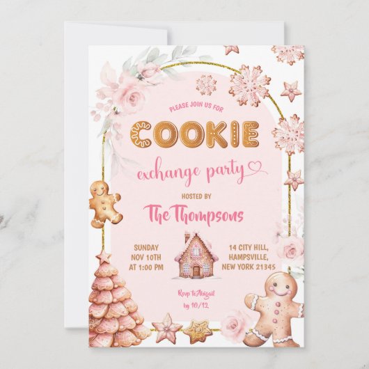 Kerst Winter Pink Cookies Exchange Party Kaart (Voorkant)