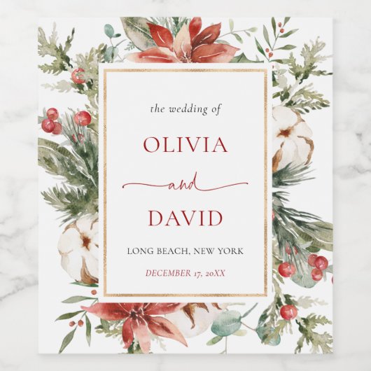 Kerst Winter Red Greenenery Gold Wedding Wijn Etiket (Enkel label)