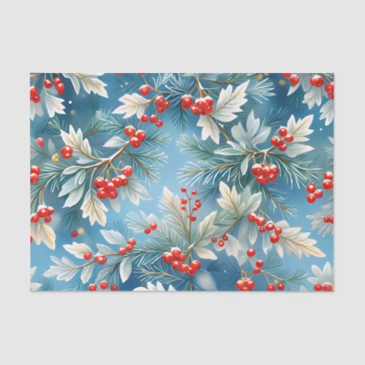 Kerst Winter Rode bessen en dennentakken Tissuepapier (Voorkant)