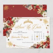 Kerst Winter Rode Gouden Poinsettia Save The Date Kaart (Voorkant / Achterkant)