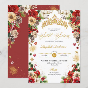 Kerst Winter Rood & Goud Poinsettia Sweet 16 Kaart