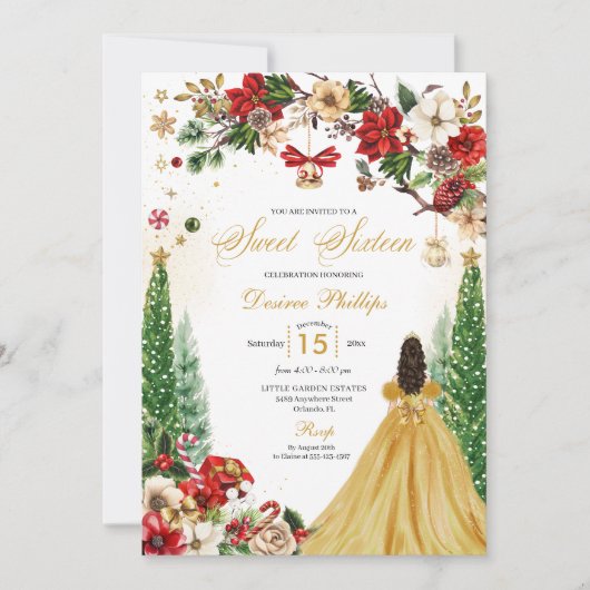 Kerst Winter Rood Goud Poinsettia Zoet Zestien Kaart (Voorkant)