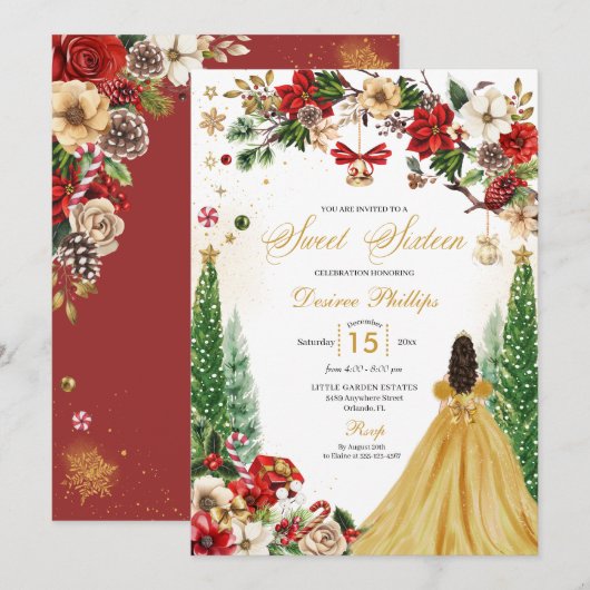 Kerst Winter Rood Goud Poinsettia Zoet Zestien Kaart (Voorkant / Achterkant)