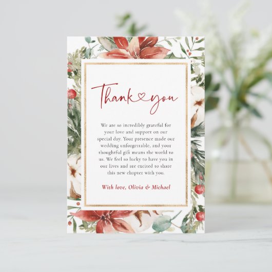 Kerst Winter Rood Groen Goud Huwelijk Bedankkaart (Staand voorkant)